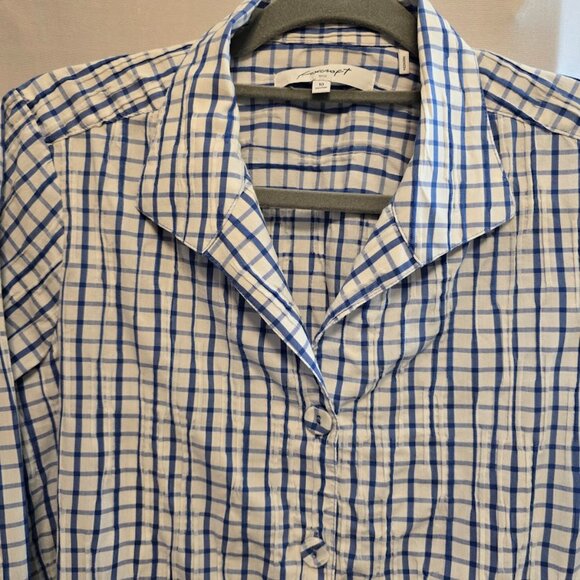 FOXCROFT NYC SIZE 10 SHAPED BLUE WHITE STRIPE TUNIC 3/4 SLEEVES VNECK CRINKLE - Picture 3 of 11